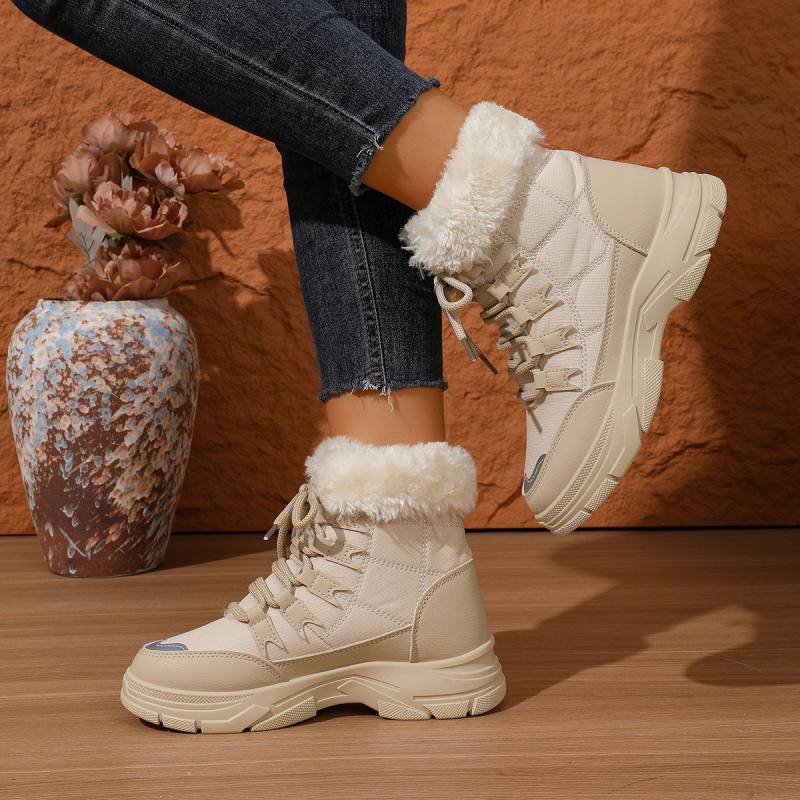 Moteriški žieminiai batai su PU viršutine dalimi, veliūrinė įdėklas, dirbtinis kailis, aukštas šarvas 13 cm, priekinis raištelėjimas