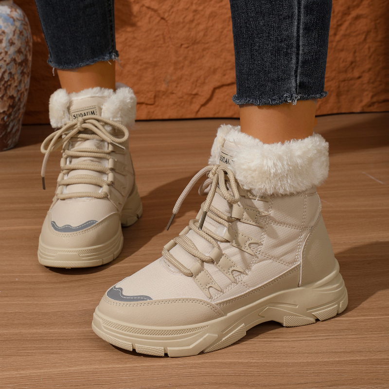 Moteriški žieminiai batai su PU viršutine dalimi, veliūrinė įdėklas, dirbtinis kailis, aukštas šarvas 13 cm, priekinis raištelėjimas