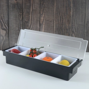 Barová krabička na koreniny s viečkom – viacoddielová krabička na ovocie a koreniny pre čajovny s mliekom (3–6 oddielov), materiál PC