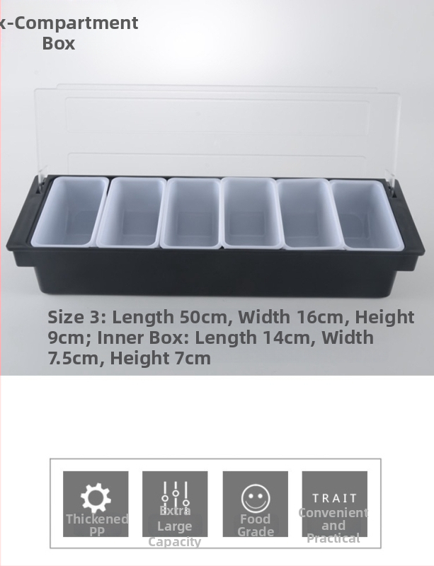 Barová krabička na koreniny s viečkom – viacoddielová krabička na ovocie a koreniny pre čajovny s mliekom (3–6 oddielov), materiál PC