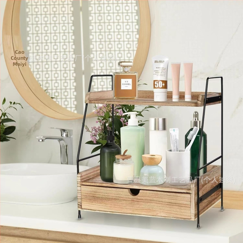 Drveni dvodijelni stolni organizator s ladicom za kupaonicu i kozmetiku