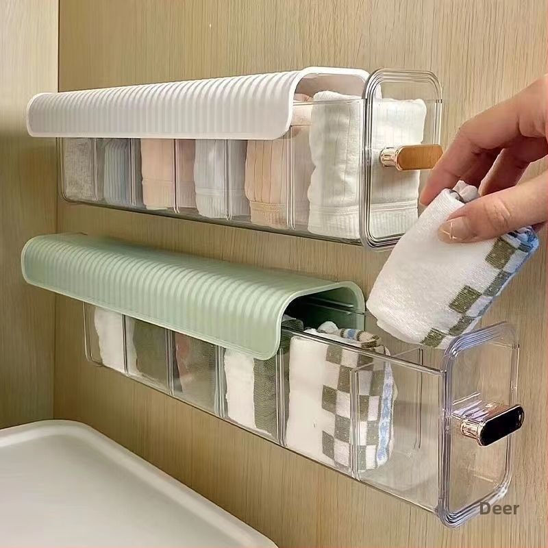 Nástenná priehľadná skrinka na skladovanie so zásuvkou, držiakom káblov a organizérom na ponožky, z plastu