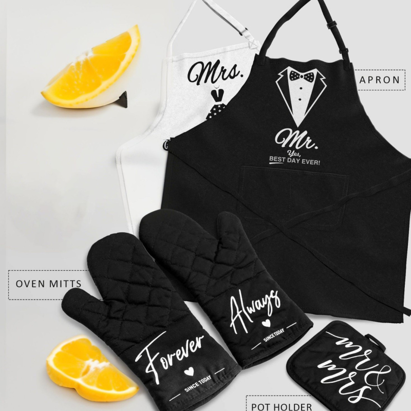 Mr&Mrs set zástier pre pár so izolovanými rukavicami a držiakmi na hrnce — bez rukávov, polyester, proti znečisteniu, moderný štýl