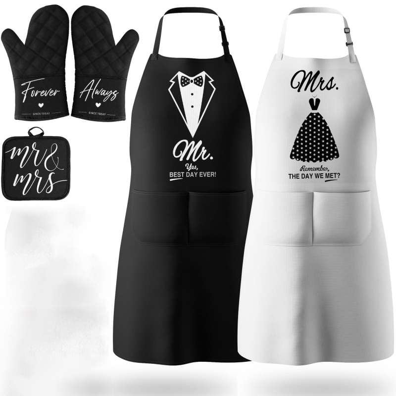 Mr&Mrs set zástier pre pár so izolovanými rukavicami a držiakmi na hrnce — bez rukávov, polyester, proti znečisteniu, moderný štýl