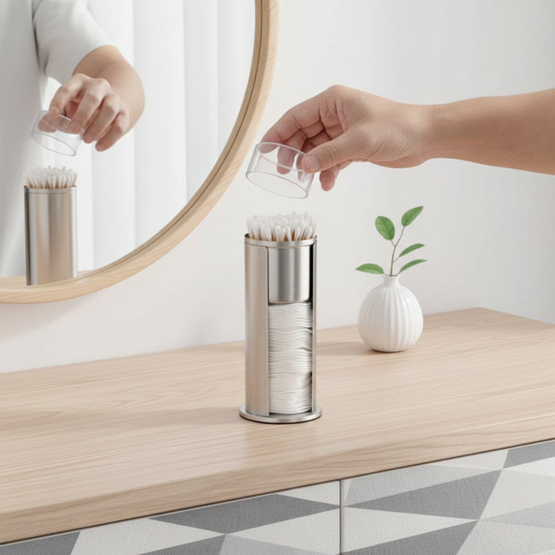 Kutija od nehrđajućeg čelika za pamuk štapiće s uklonjivom ladicom i akrilnim poklopcem