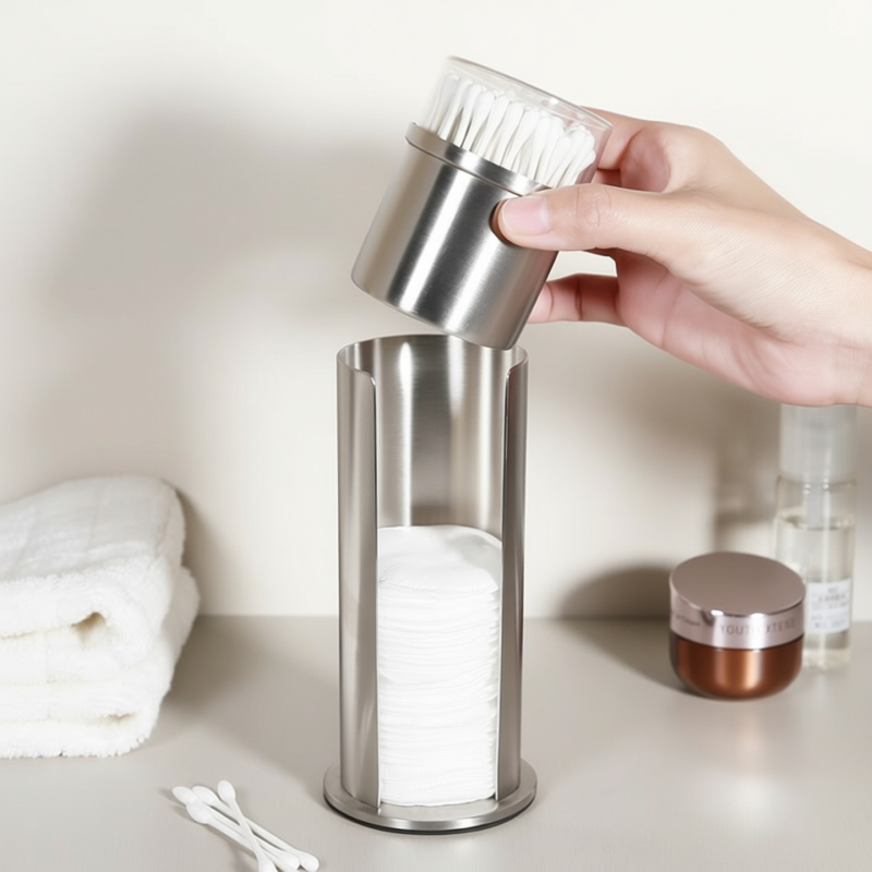 Kutija od nehrđajućeg čelika za pamuk štapiće s uklonjivom ladicom i akrilnim poklopcem