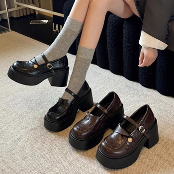 Női Mary Jane cipő, kerek orr, PU felsőrész, gumitalp, chunky 6-8 cm magas sarka, egypántos csat, ősz