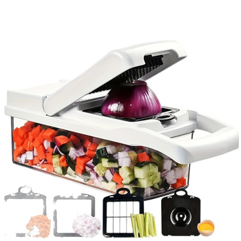 Viacúčelový krájač zeleniny — strúhanie zemiakov, krájanie mrkvy na plátky, krájanie na kocky, strúhanie reďkvičiek; ABS materiál, model HL818, moderný minimalistický dizajn