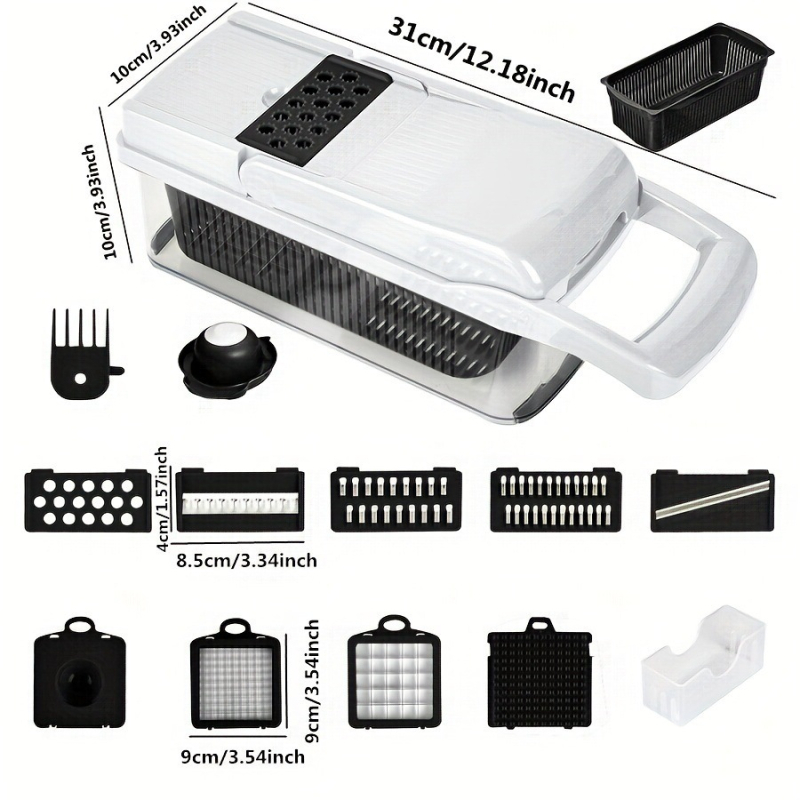 Viacúčelový krájač zeleniny — strúhanie zemiakov, krájanie mrkvy na plátky, krájanie na kocky, strúhanie reďkvičiek; ABS materiál, model HL818, moderný minimalistický dizajn