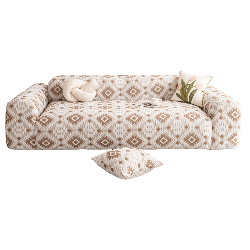 Kanapéhuzat – bohém stílus, geometriai minta, pamut-flisz anyagból, teljes fedés zipzár nélkül, szekcionált kanapéra