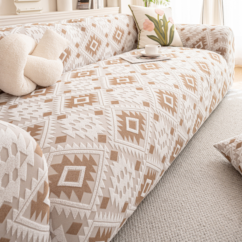 Kanapéhuzat – bohém stílus, geometriai minta, pamut-flisz anyagból, teljes fedés zipzár nélkül, szekcionált kanapéra