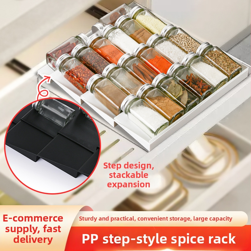 Stolný horizontálny stojan na koreniny, nastaviteľné rebríkové zásuvky, skladací (PP materiál, skladací, bez vŕtania, 2024)