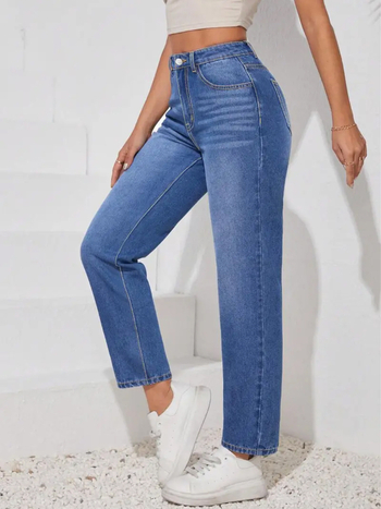 Traperice visokog struka, ravne nogavice, denim tkanina, pamuk-poliester mješavina, mikro-elastičnost