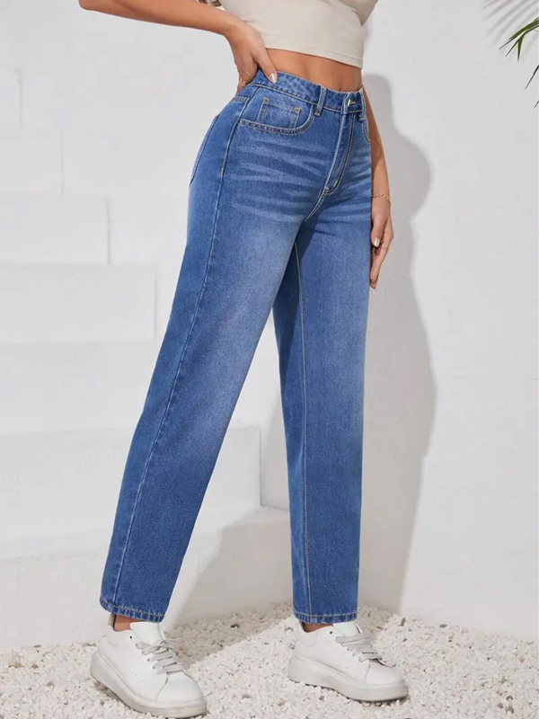 Traperice visokog struka, ravne nogavice, denim tkanina, pamuk-poliester mješavina, mikro-elastičnost