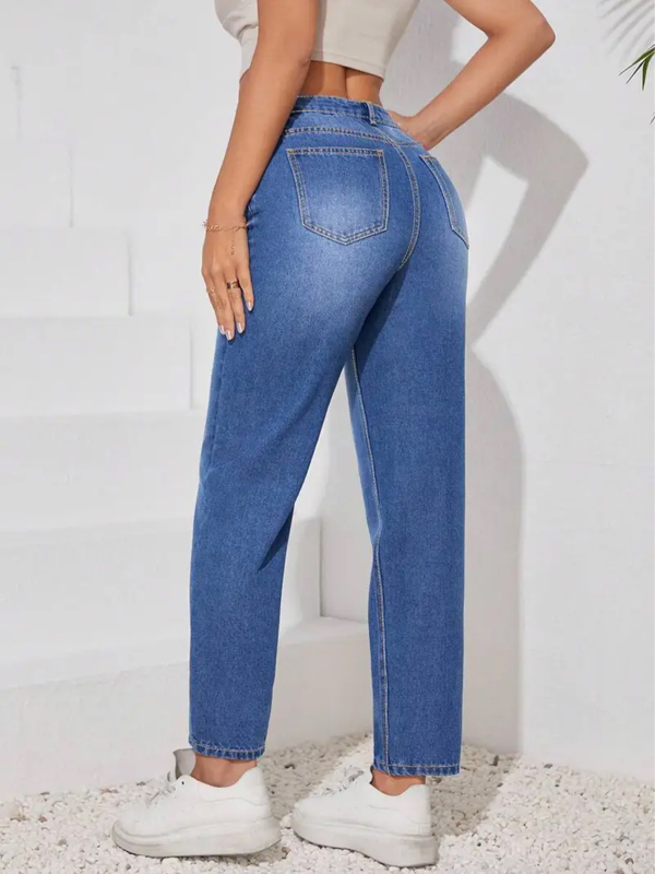 Traperice visokog struka, ravne nogavice, denim tkanina, pamuk-poliester mješavina, mikro-elastičnost