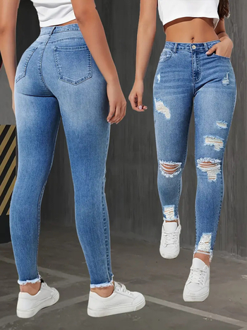 Női farmernadrág slim-fit, magas derék, rugalmas, szakított részletekkel, farmeranyag