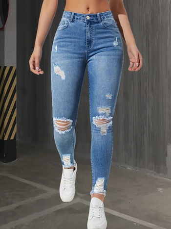 Női farmernadrág slim-fit, magas derék, rugalmas, szakított részletekkel, farmeranyag