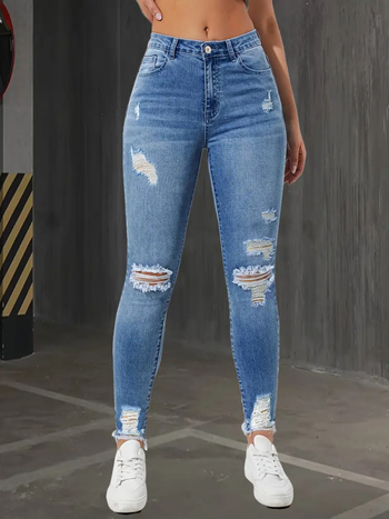 Női farmernadrág slim-fit, magas derék, rugalmas, szakított részletekkel, farmeranyag