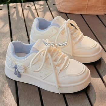 Дамски спортно-ежедневни обувки в корейски стил с дебела подметка, PU върх, кръгла пръст, връзки, междинна височина ток 3–5 cm