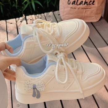 Дамски спортно-ежедневни обувки в корейски стил с дебела подметка, PU върх, кръгла пръст, връзки, междинна височина ток 3–5 cm
