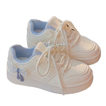 Дамски спортно-ежедневни обувки в корейски стил с дебела подметка, PU върх, кръгла пръст, връзки, междинна височина ток 3–5 cm