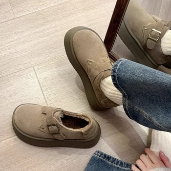 Pantofi damă cu talpă groasă, stil retro, cataramă, suprafață superioară mată, talpă din cauciuc și căptușeală caldă din pluș