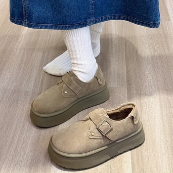 Pantofi damă cu talpă groasă, stil retro, cataramă, suprafață superioară mată, talpă din cauciuc și căptușeală caldă din pluș