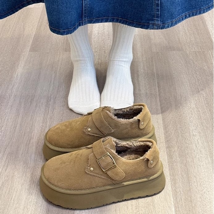 Pantofi damă cu talpă groasă, stil retro, cataramă, suprafață superioară mată, talpă din cauciuc și căptușeală caldă din pluș