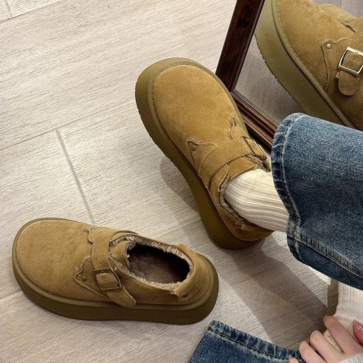 Pantofi damă cu talpă groasă, stil retro, cataramă, suprafață superioară mată, talpă din cauciuc și căptușeală caldă din pluș