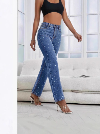 Jeanși dama din denim cu mărgele, croială dreaptă, talie medie, material denim din bumbac-poliester