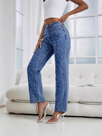 Jeanși dama din denim cu mărgele, croială dreaptă, talie medie, material denim din bumbac-poliester