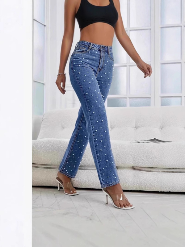 Jeanși dama din denim cu mărgele, croială dreaptă, talie medie, material denim din bumbac-poliester