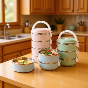 Box na obed z nerezovej ocele 304, trojvrstvový, Severský štýl, objem 501–800 ml, kruhový tvar