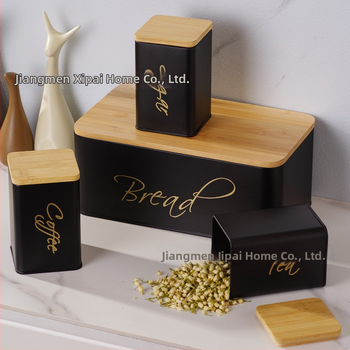 Štvordielny set kovových vzduchotesných kontajnerov s bambusovým viečkom na kuchynské skladovanie – guľatý tvar, kapacita nad 5 l