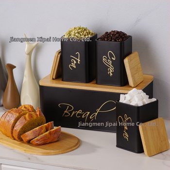 Štvordielny set kovových vzduchotesných kontajnerov s bambusovým viečkom na kuchynské skladovanie – guľatý tvar, kapacita nad 5 l