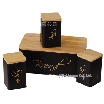 Štvordielny set kovových vzduchotesných kontajnerov s bambusovým viečkom na kuchynské skladovanie – guľatý tvar, kapacita nad 5 l