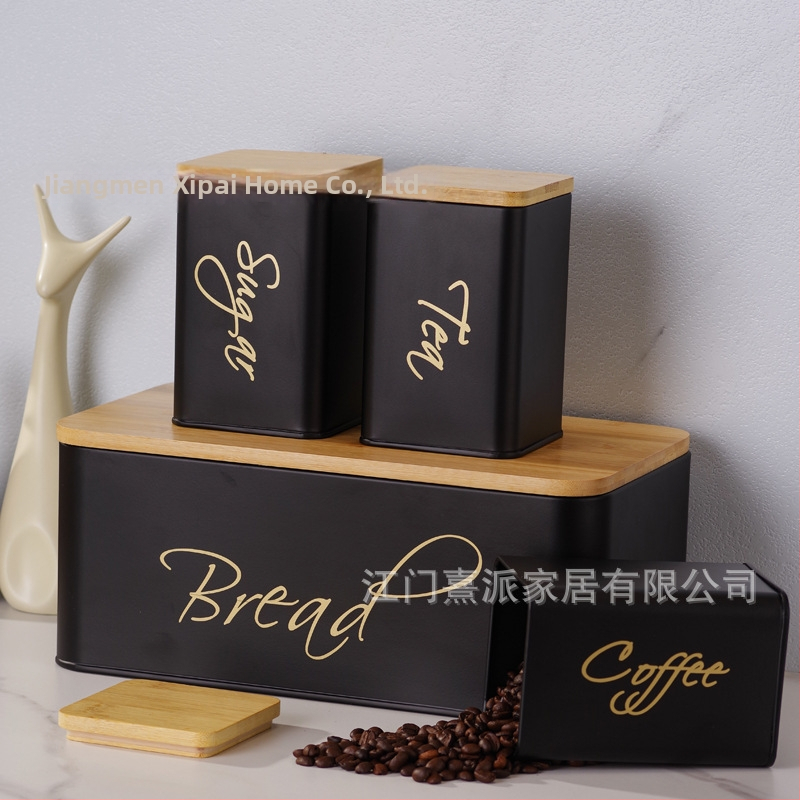 Štvordielny set kovových vzduchotesných kontajnerov s bambusovým viečkom na kuchynské skladovanie – guľatý tvar, kapacita nad 5 l