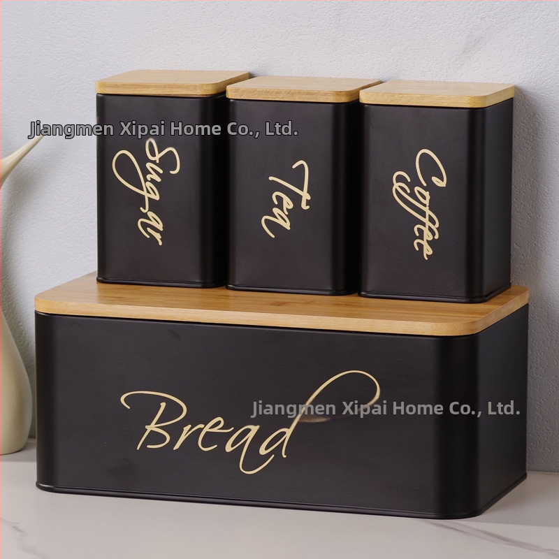 Štvordielny set kovových vzduchotesných kontajnerov s bambusovým viečkom na kuchynské skladovanie – guľatý tvar, kapacita nad 5 l