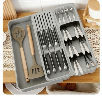 Kések és villák két az egyben szervező – PP anyag, mozgatható asztali tároló válaszfalakkal, 2024-ben piacra dobva