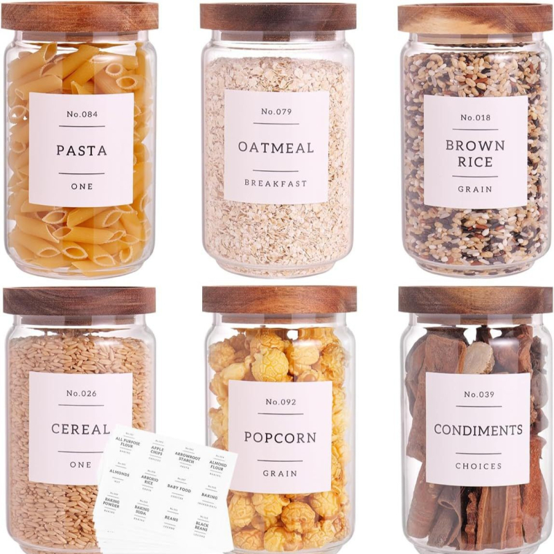 Oválny sklenený pohár s hermetickým uzáverom z borosilikátového skla, vhodný na zrná, kávové zrná a čajové listy