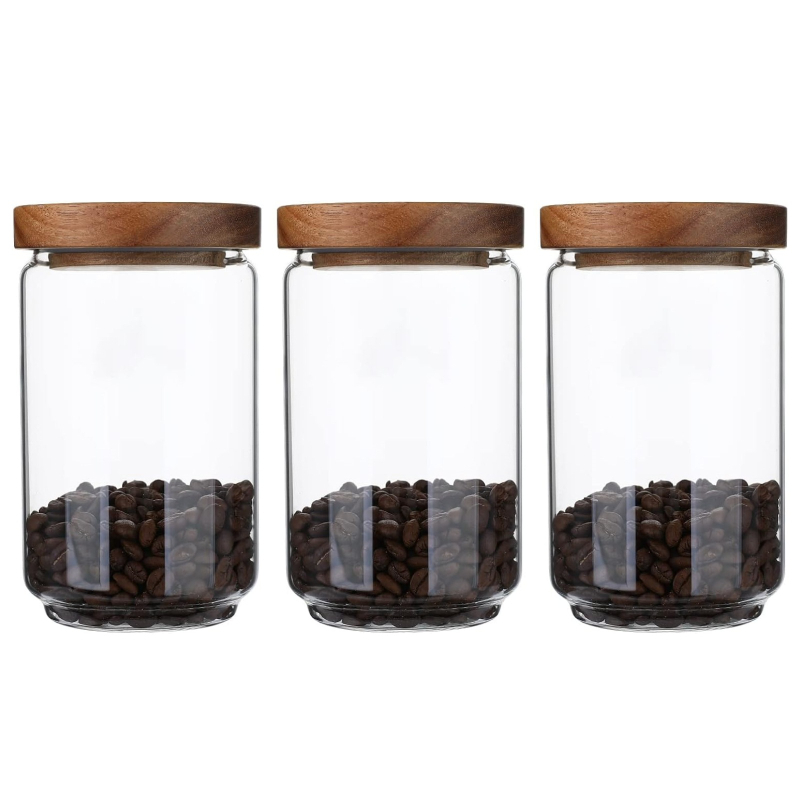 Oválny sklenený pohár s hermetickým uzáverom z borosilikátového skla, vhodný na zrná, kávové zrná a čajové listy