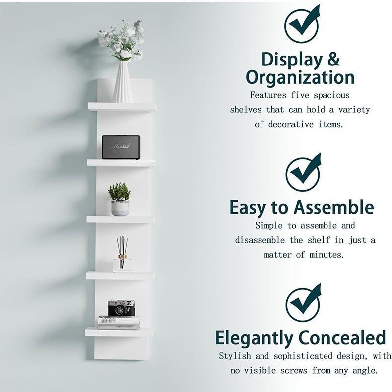 5-szintes falra szerelhető tároló polc fa-műanyag lapból – sokoldalú kijelző polc a nappaliba, konyhába, hálószobába és fürdőszobába