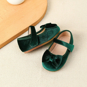 Pantofi pentru fetițe cu funda-fluture, închidere Velcro, talpă din cauciuc, branț PU, stil coreean