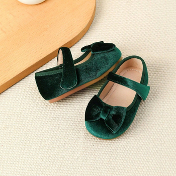 Pantofi pentru fetițe cu funda-fluture, închidere Velcro, talpă din cauciuc, branț PU, stil coreean