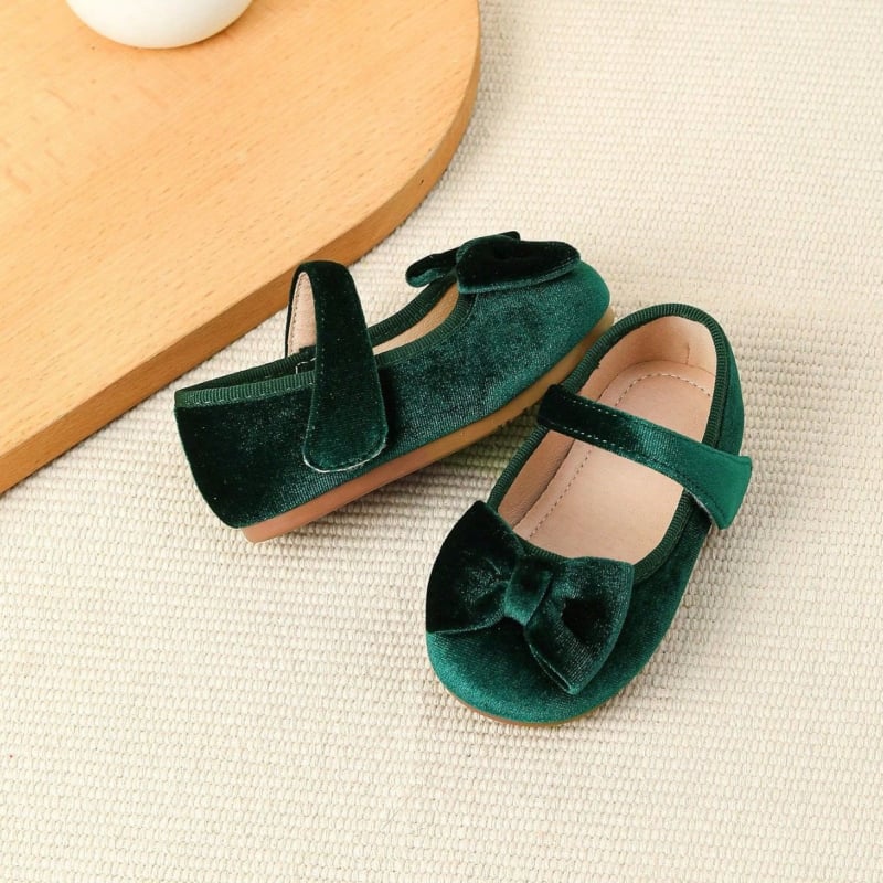 Pantofi pentru fetițe cu funda-fluture, închidere Velcro, talpă din cauciuc, branț PU, stil coreean