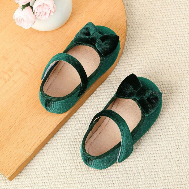 Pantofi pentru fetițe cu funda-fluture, închidere Velcro, talpă din cauciuc, branț PU, stil coreean