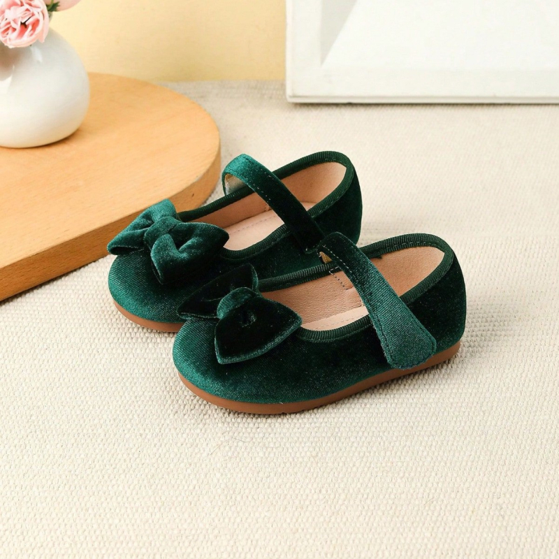 Pantofi pentru fetițe cu funda-fluture, închidere Velcro, talpă din cauciuc, branț PU, stil coreean