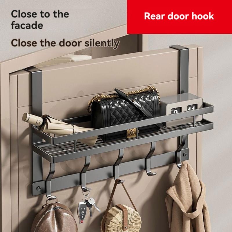 Vešiak na dvere so skladovacím regálom — karbónová oceľ, tvar: vešiak, spôsob zavesenia: za dverami, štýl: moderný minimalizmus