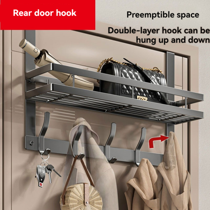 Vešiak na dvere so skladovacím regálom — karbónová oceľ, tvar: vešiak, spôsob zavesenia: za dverami, štýl: moderný minimalizmus