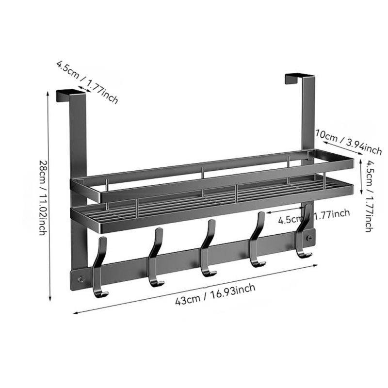 Vešiak na dvere so skladovacím regálom — karbónová oceľ, tvar: vešiak, spôsob zavesenia: za dverami, štýl: moderný minimalizmus